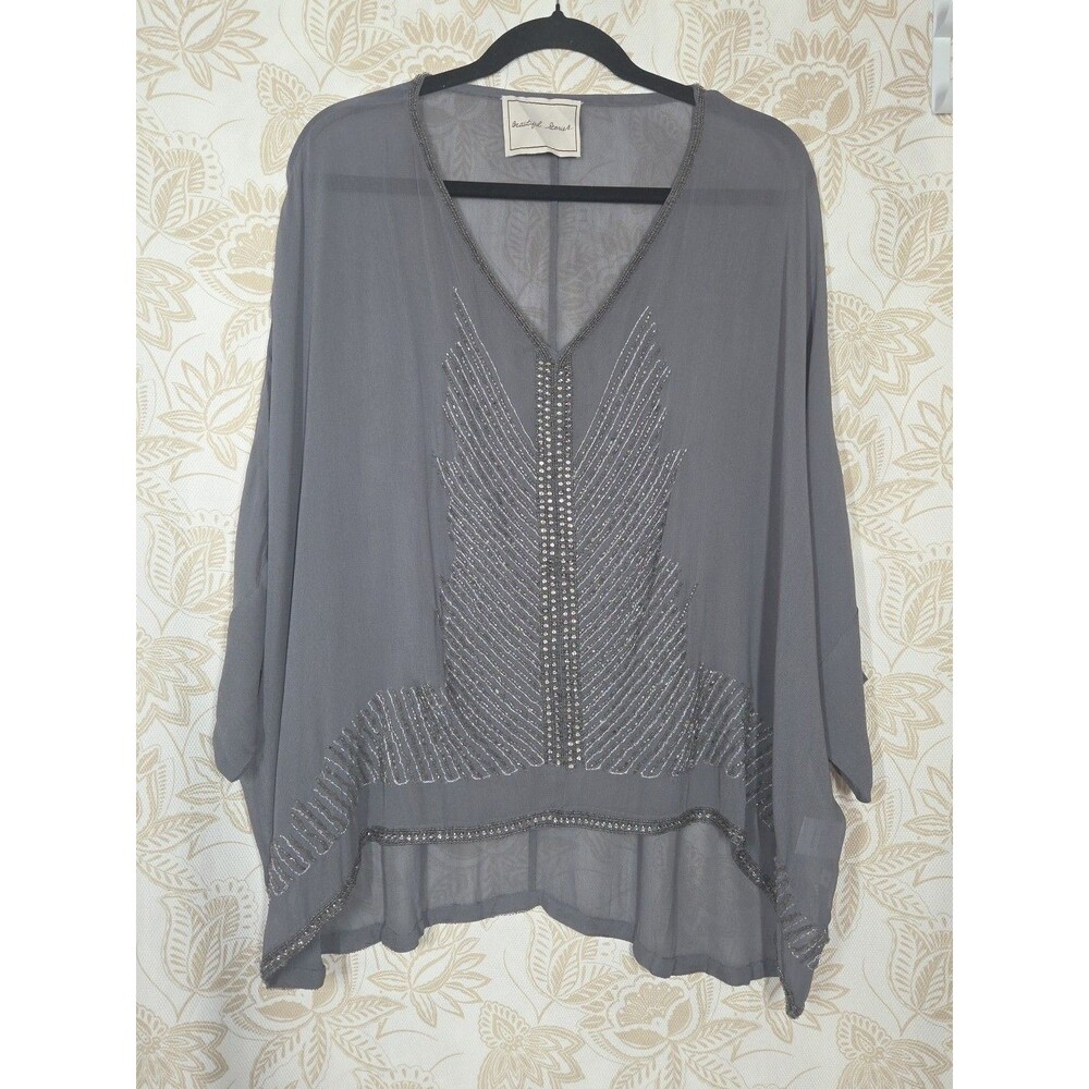 Anthropologie Beautiful Stories Bead Sheer Tunic Top SMALL Oversized Boxy Hi Lo